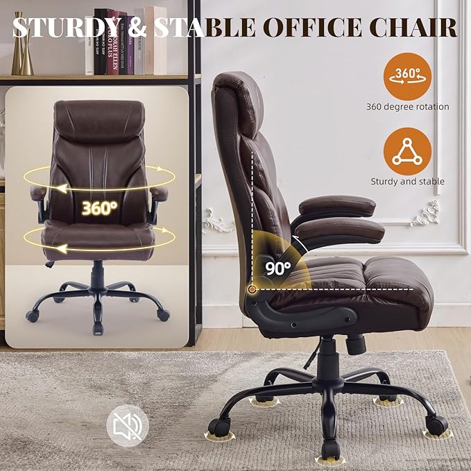 Office ChairBig and Tall Office Chairs 500LBS Wide Ergonomic Gaming Chair Executive Leather Computer Chairs with Adjustable Height &amp 360° Swivel Rolling Wheels for WorkChocolate