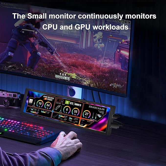 8.8 Inch FHD Computer Secondary Screen IPS 1920x480 LCD Display CPU Temperature Monitor with Casing for Computer Case Temperature Windows Aida64 CPU GPU Monitor