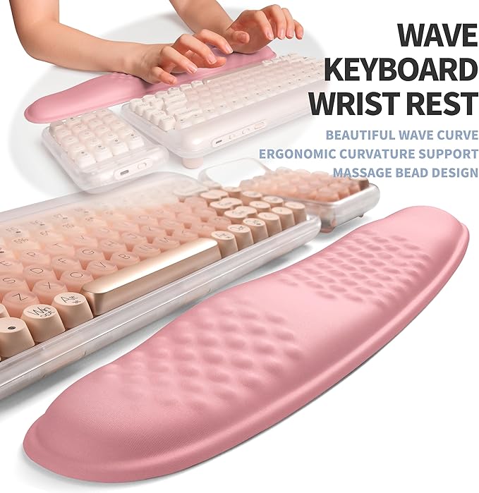 2-in-1 Ergonomic Set Wave Keyboard Wrist Rest and Massage Slope Mouse Pad Wrist Support Rebound Memory Foam for Relieve Carpal Tunnel Syndrome and Wrist Pain (Pink)