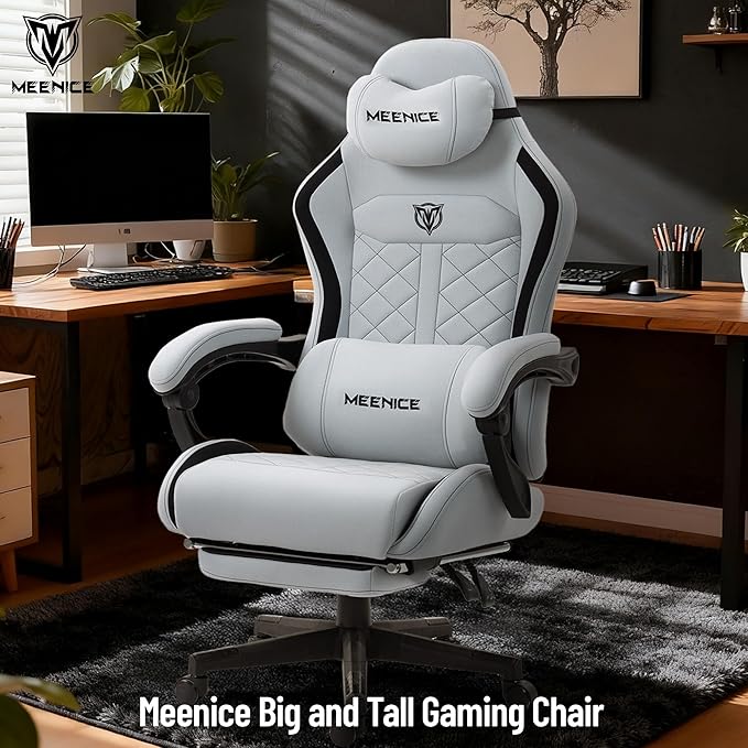 Big and Tall Gaming Chair Fabric with Pocket Spring Cushion High Back Heavy Duty Gaming Chairs for Adults with Massage Lumbar Support Ergonomic Computer Chair with Footrest for 400LBS Gray