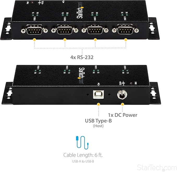 StarTech 4 Port USB to Serial RS232 Adapter - Wall Mount - Din Rail - COM Port Retention - FTDI USB to DB9 RS232 Hub TAA (ICUSB2324I)