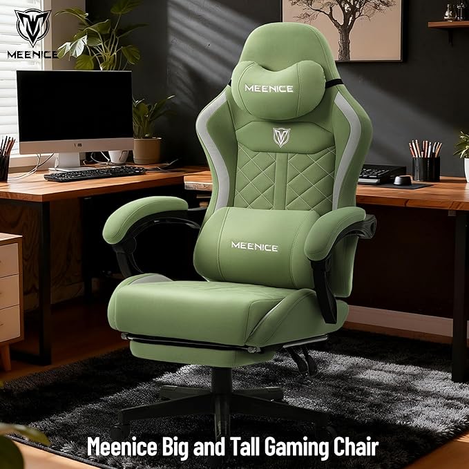 Big and Tall Gaming Chair Fabric with Pocket Spring Cushion High Back Heavy Duty Gaming Chairs for Adults with Massage Lumbar Ergonomic Computer Chair with Footrest 400LBS Fabric Green