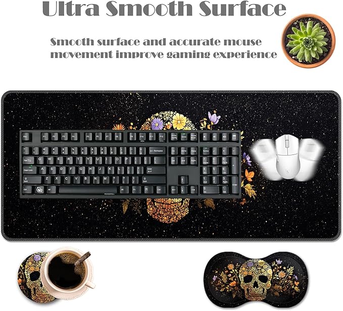 Ergonomic Keyboard Wrist Rest &amp Mouse Pad Wrist Rest SetXL Gaming Desk Mat 31.5x 11.8Non-Slip BaseMemory FoamEasy Typing Pain Relief for Office &amp HomeFloral Skull on Starry