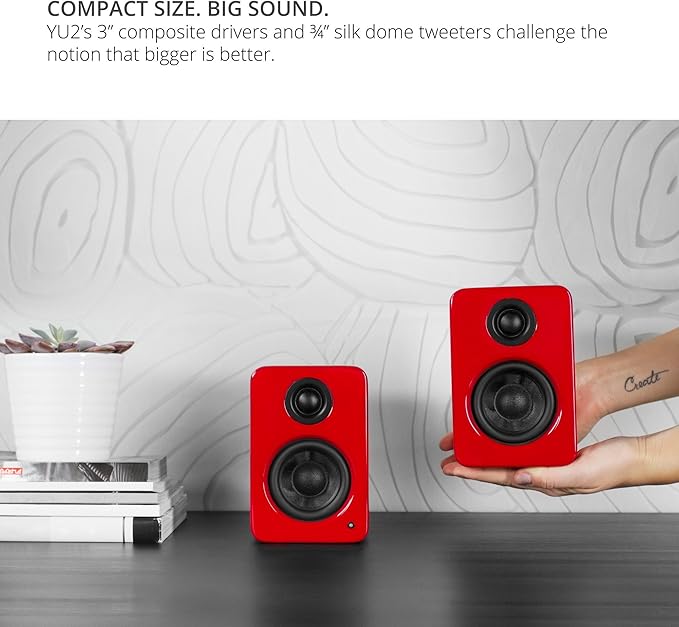 Kanto YU2GR PC Gaming Desktop Speakers | 3 Composite Drivers | 3/4 Silk Dome Tweeter | Class D Amplifier | 100 Watts | Built-in USB DAC | Subwoofer Output | Pair | Gloss Red