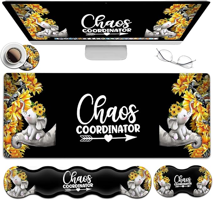 Desk Mouse Pad Office Large Mousepad Extended XXL (31.5x11.8in) Anime Cartoon Cute Baby Elephants with Sunflowers Gaming Mouse Mat Rubber Base Stiched Edges + Memory Foam Keyboard Wrist Rest