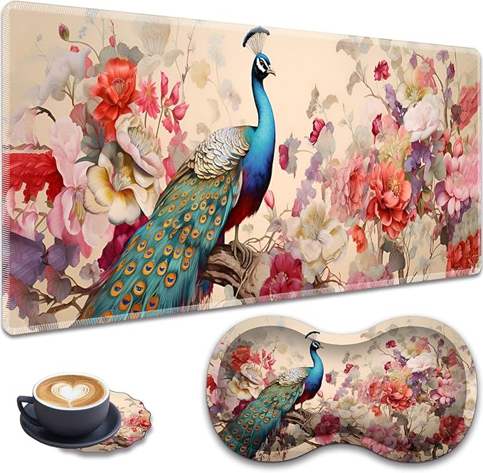 Large Gaming Mouse Pad + Wrist Rest + Lace Coaster Non-Slip Set with Sewn Edges and Waterproof Expandable Desktop Pad Suitable for Office/Home Peacock and Flowers