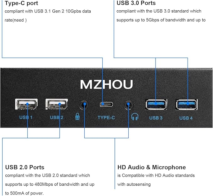 USB2.0 + 3.0 Metal Front 5.25 inch 19Pin Front Panel Adapter 4 USB 3.0 Port hubs and (1HD Audio Port / 1TPY-C Port / 1 Microphone Input)