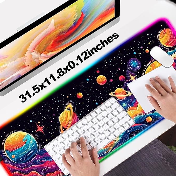 RGB Fantasy Space Planet Gaming Desk Mat Computer Keyboard Large Extended Long Boy LED Mouse Pad for Office and Home XL (W09)