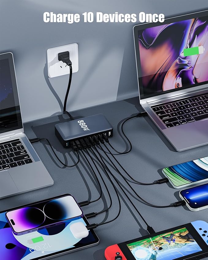 880W USB C Charger Block10-Port USB C Charging Station GaN IV Travel Essentials Multiple Port Charging Station140W Laptop Fast Charger Adapter for MacBook Pro/AirDELLiPadiPhoneSamsung Galaxy