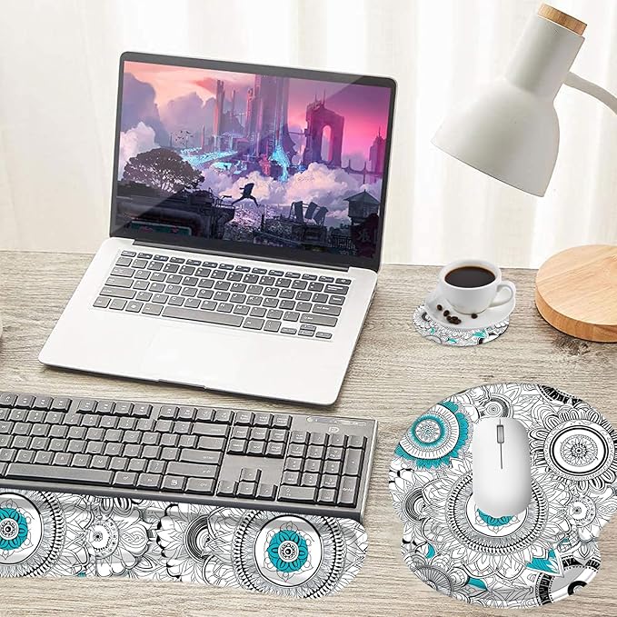 Keyboard Wrist Rest and Mouse Pad Wrist Support Set with CoastersNon-Slip PU Base Ergonomic Gaming Mousepad for Home Office Working Studying Easy Typing &amp Pain ReliefMandala Flowers