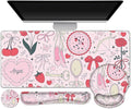 Gaming Mouse Pad Large Desk Mat Cute Desk Pad Protector 4in1 XXL Mousepad + Keyboard Wrist Rest+Mouse Wrist Rest+Coaster Set with Ergonomic Desk Pad for Home Office Computer Adorable Rose Bow