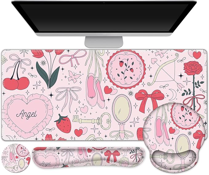 Gaming Mouse Pad Large Desk Mat Cute Desk Pad Protector 4in1 XXL Mousepad + Keyboard Wrist Rest+Mouse Wrist Rest+Coaster Set with Ergonomic Desk Pad for Home Office Computer Adorable Rose Bow
