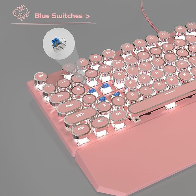 MageGee Typewriter Mechanical Gaming Keyboard Retro Punk Pink Round Keycaps 104 Keys LED White Backlit Wired Keyboards for Laptop MAC PC Gamer with Magnetic Wrist Rest Blue Switch