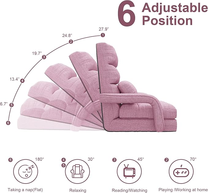 Adjustable Floor Gaming Chair for Adults 6-Position Chaise Lounge Chair with Meditation Arm Foldable Lazy Sofa with Pillow Comfy Chair Indoor for Bedroom Dorm Living Room Purple