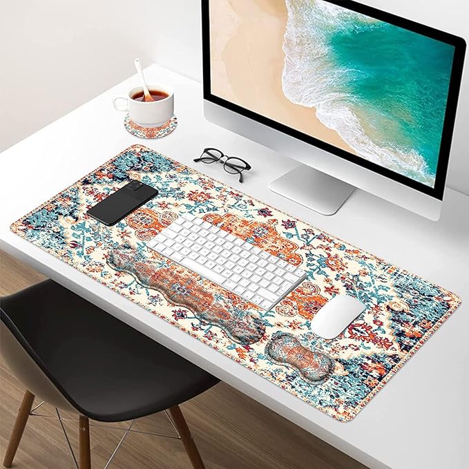iLeadon Keyboard Mouse Pad Set Large Gaming Mouse Pad + Wrist Rest + Mouse Pad with Wrist Support + Coaster Easy Typing Pain Relief 35.4x15.7in Desk Mat for Home Office Boho