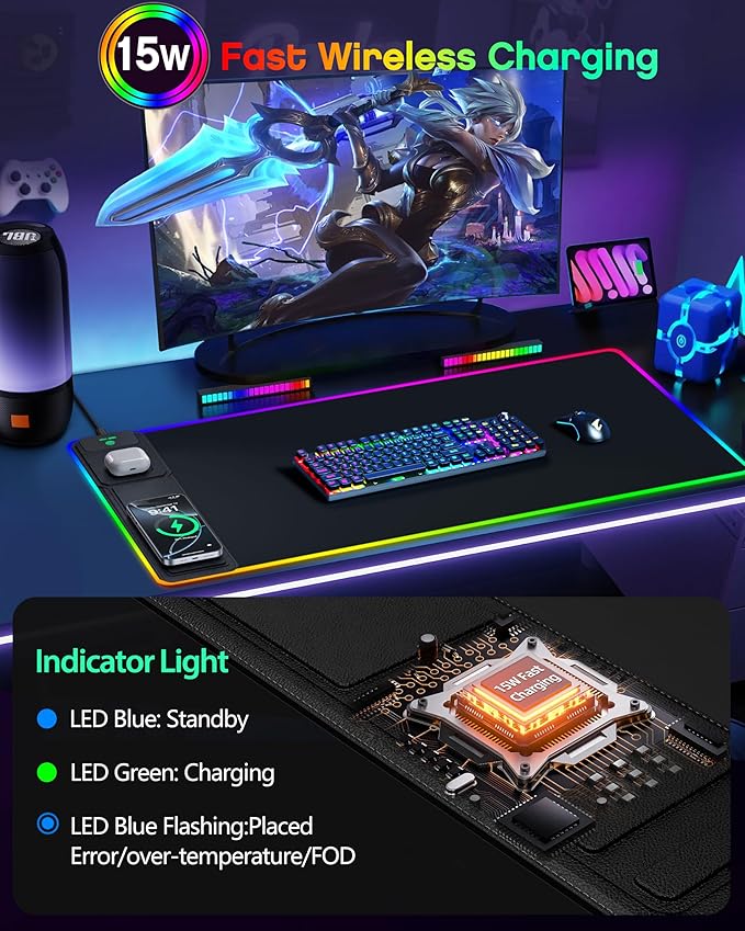 4-in-1 RGB Gaming Mouse Pad with Wireless Charging &amp Phone Stand 31.5x15.8 Large 24 Light Effects Non-Slip Base Waterproof Ultra-Smooth Surface with Adatper