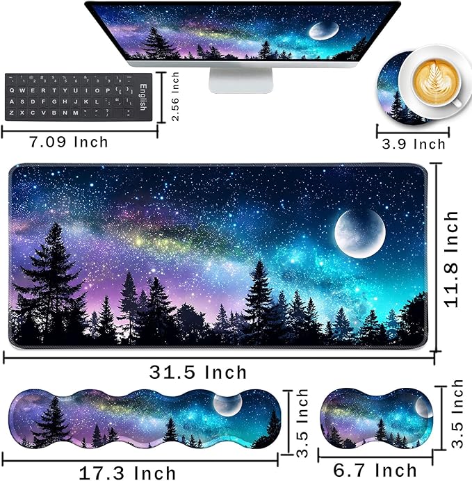 Keyboard Wrist Rest and Mouse Pad with Wrist Support Set Ergonomic CoasterMemory FoamEasy Typing Pain ReliefLarge XL Desk Mat 31.5x 11.8Forest Moon