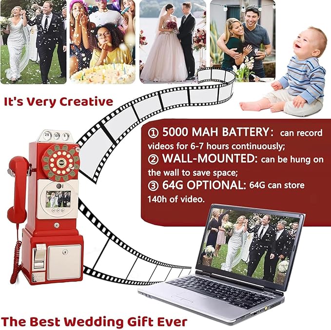 1080P Video Audio GuestBook Wedding Phone 64G SD Card Customized Video Audio Guest Book Alternatives with Lens Recording for Birthday Party Anniversary Engagement Red