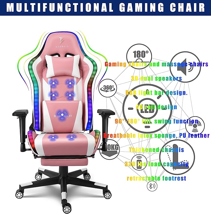 TBQATNTS Gaming Chair with Massage and SpeakersErgonomic Video Gaming Chair with Footrest and Lumbar SupportRGB Racing Gaming Chair Computer Chair for Adults and Teens 400lb.Pink