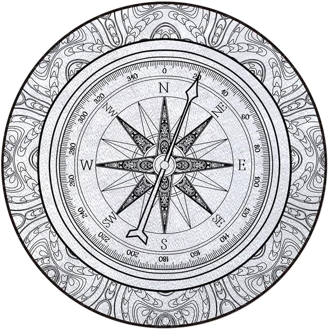 Black White Office Chair Computer Gaming Desk Mat for Rolling Chair Non-Slip Gaming Rug Hand Drawn Windrose in Line Nautical Coloring Gaming Chair Mat Round Floor Mats Compass Diameter 48 in