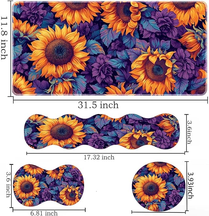 Keyboard Mouse Pad SetLarge Desk Pad+Keyboard Wrist Rest+Mouse Pad Wrist Support+CoasterEasy Typing Pain Relief Non-Slip Mousepad Wrist Support Mousepad Set Home OfficeSunflower