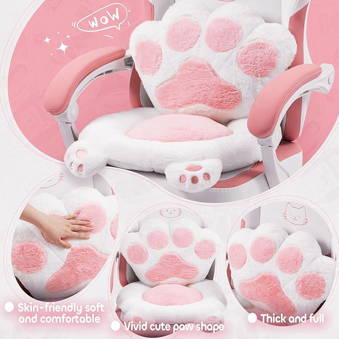 Pink Gaming Chair Cute with Cat Ears Paw Lumbar and CushionErgonomic Computer Chair with FootrestReclining PC Game Chair for Girl Computer Chair 300lbs for Adult