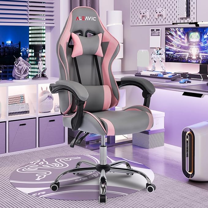 ALEAVIC Gaming Chair with Massager Fabric Gaming Chairs for Adults Ergonomic Gamer Chair with Adjustable Headrest and Lumbar Support Reclining Computer Game Chair High Back Frost Pink