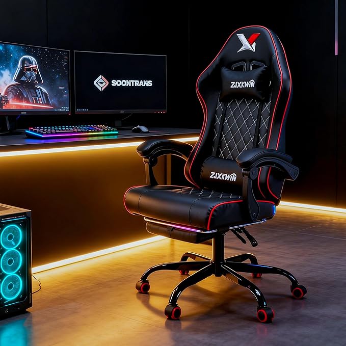 Vedio Gaming Chair with Footrest Lumbar Support for Home Office High Back Recliner Height Adjustable Ergonomic Comfy Leather Computer Desk ChairRed