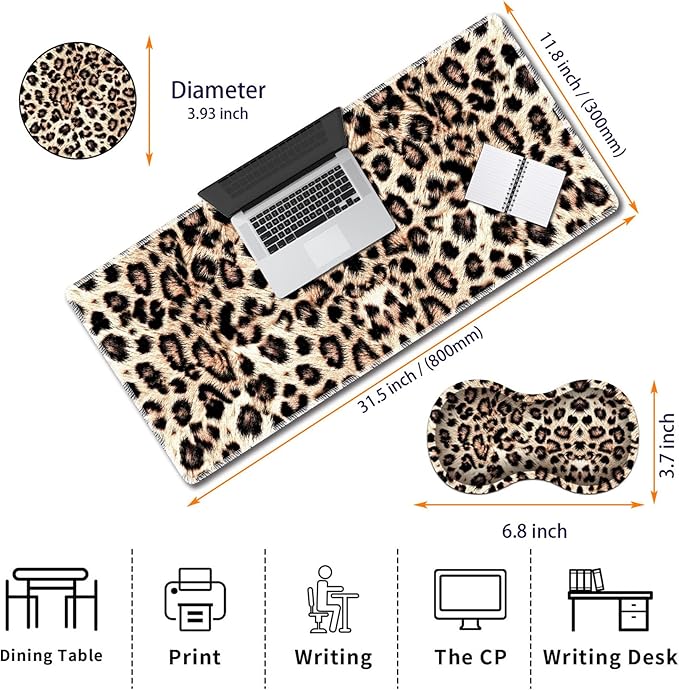 Durable Desk Mat + Wrist Rest Pad + Coasters Set Large Gaming Office Mouse Pad 31.5 x 11.8 Extended Non-Slip Rubber Keyboard Pad Laptop &amp Home Leopard Print Pattern