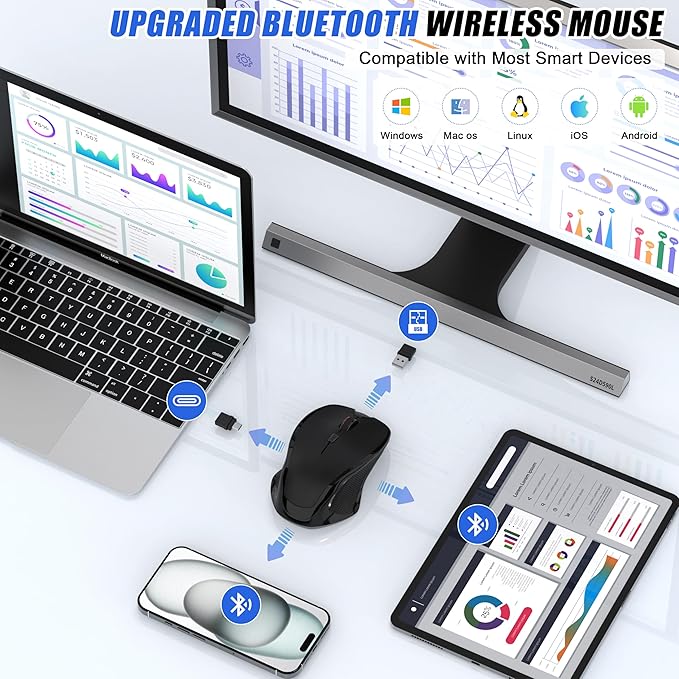 Wireless Bluetooth Mouse for Mac Pro MacBook Ergonomic Rechargeable Mice with Jiggler Mode 2-Mode Bluetooth 5.2/3.0 &amp 2.4G USB-A/USB-C Receiver Silent Optical Mouse for iPad PC Laptop Black