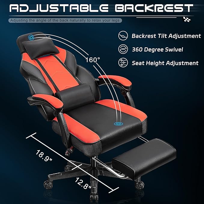 Gaming Chair with Footrest Video Game Chair for Adults Big and Tall Computer Chair with Massage Lumbar Support 330lb Weight Capacity Ergonomic Adjustable Height and 360° Swivel Seat (Red)