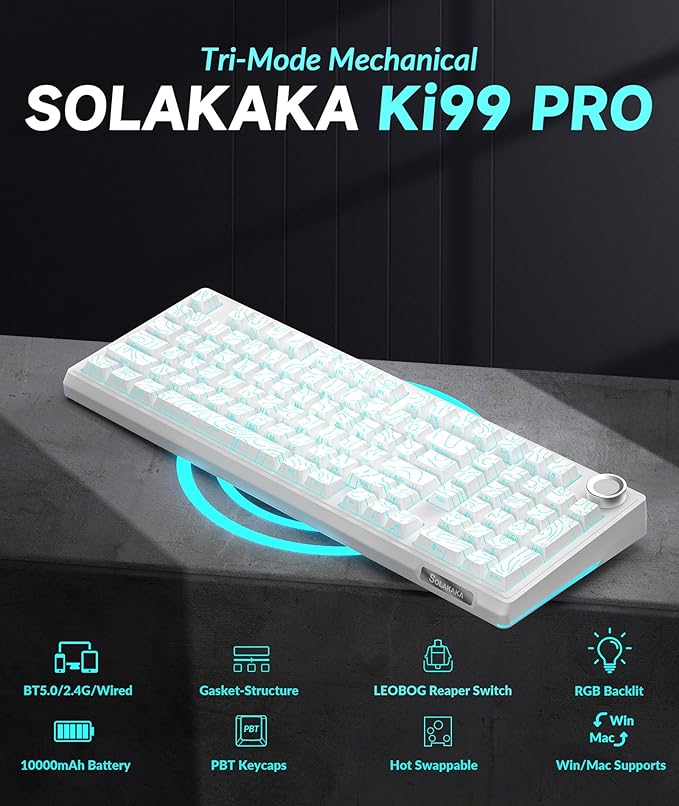 SOLAKAKA KI99 Pro 96% Wireless Mechanical Keyboard RGB Gaming Keyboard Hot-Swappable Pre-Lubed Switches Gasket Structure Creamy Keyboards (Contour-Style White Non-Silent Version)