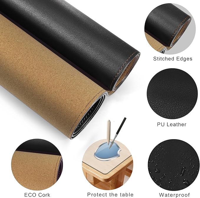 MAIDERN 63”x 15.7” Leather Desk Pad XXL Large Desk Mat Cork &amp Leather Large Mouse pad for Desk Waterproof Computer Desk Pad for Gaming Home Office (Black) …