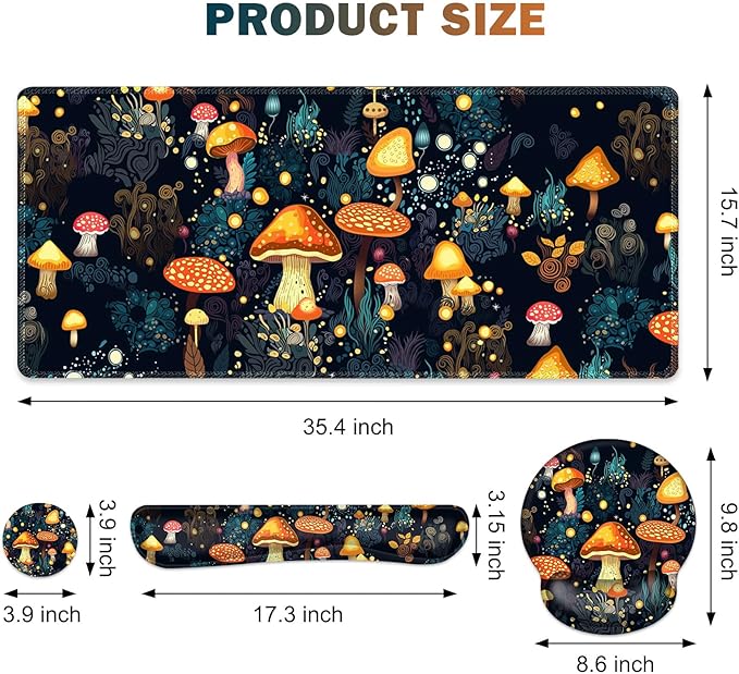 Gaming Mouse Pad Large Desk Mat Cute Desk Pad Protector 4in1 XXL Mousepad + Keyboard Wrist Rest+Mouse Wrist Rest+Coaster Set with Ergonomic Desk Pad for Home Office Table Computer Lovely Mushroom