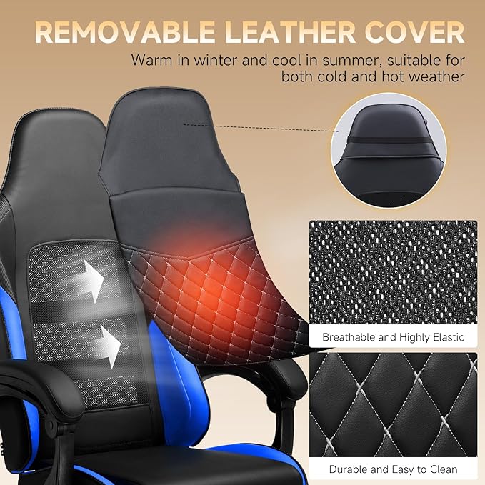 GTPLAYER Gaming Chair High Back Leather Computer Gaming Chair with Footrest Ergonomic Height Adjustable Office Chair with Removable Cover and Lumbar Support for Gaming and Work (Blue)