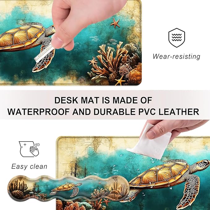 Mouse PadLarge Desk Mat Set 4in1 XL Mousepad + Keyboard Wrist Rest+Mouse Wrist Rest+Coaster with Ergonomic Desk Pad for Home Office Table Computer Cover -Sea Turtle with Coral and Ship