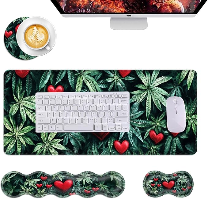 Mouse PadLarge Desk Mat Set 4in1 XL Mousepad + Keyboard Wrist Rest+Mouse Wrist Rest+Coaster with Ergonomic Desk Pad for Home Office Table Computer Cover -Leaves and Red Hearts