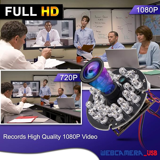 1080P Day Night Vision USB Camera Module IR Infrared Webcam Board 3.6mm Lens Wide Angle PC Camera Mini UVC USB2.0 Lightburn Camera High Speed 100fps Industrial Video USB with Camera for Computer