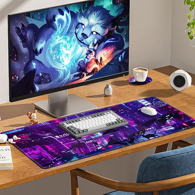 Anime Neon Large Mouse Pad and Keyboard Wrist RestPurple Extended Mouse Pad with Wrist Support Ergonomic Non-Slip Desk Mat Desk Protector Blotter for Home Office Warrior Cat