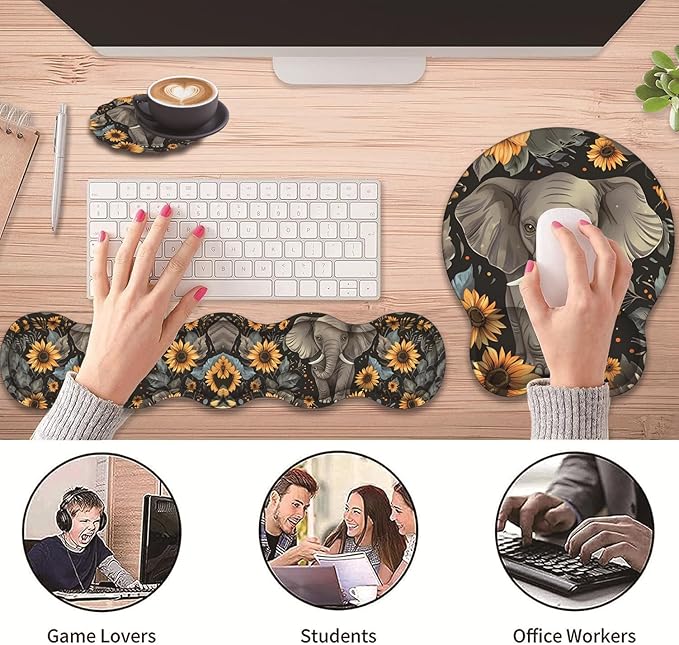 3 in 1 Keyboard Wrist Rest + Mouse Pad and Coaster Ergonomic Gel Mouse Pad and Keyboard Pad Set Comfortable Lightweight for Easy Typing Pain Relie Baby Elephant and Sunflower