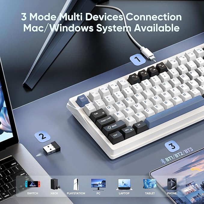 RedThunder K95 Wireless Mechanical Keyboard TFT Screen &amp Knob Tri-Mode BT5.0/2.4GHz/USB-C Hot Swappable Custom Pre-lubed Linear Switches Gasket Structure RGB Gaming Keyboard Snowy White-Blue