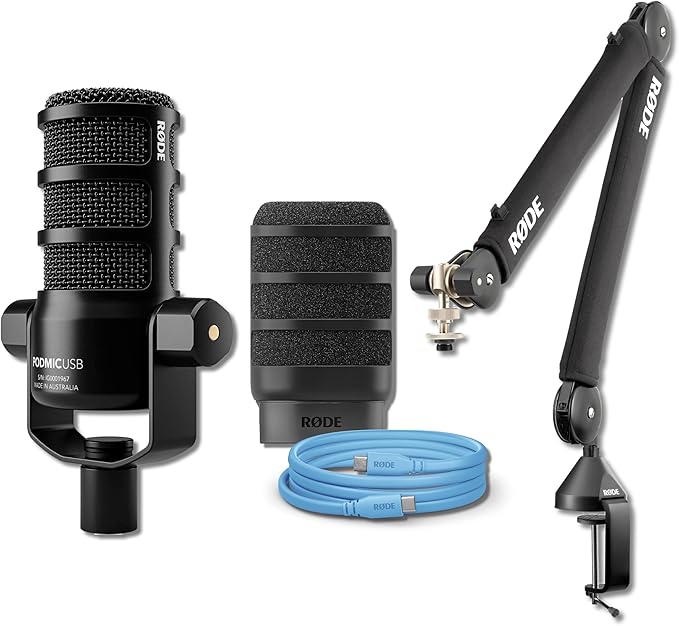 Rode PodMic USB Dynamic Broadcast Microphone with Rode PSA1+ Broadcast Microphone Boom Arm XLR Cable and Blue SC27 USB-C to USB-C Cable