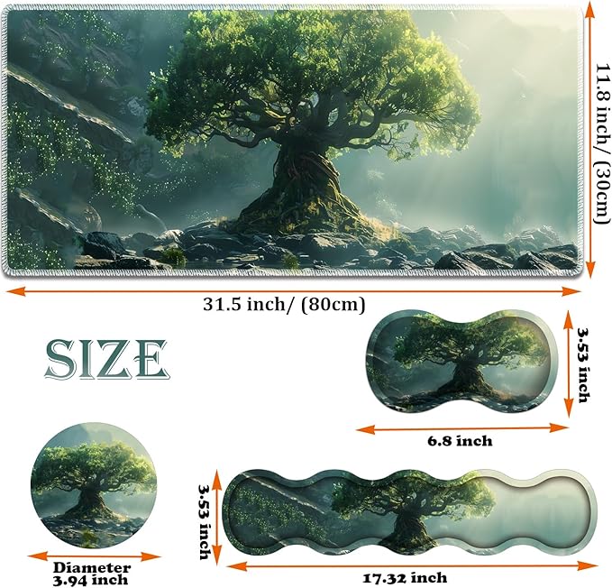 Large Gaming Mouse Pad + Keyboard Wrist Rest + Wrist Support + Coaster Set Memory Foam Ergonomic for Easy Typing XXL Extended Gaming Mouse Pad Table Pad - Tree of Life