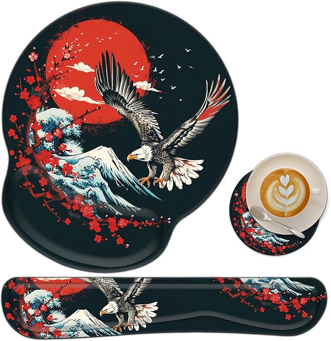 Keyboard Wrist Rest and Mouse Wrist Rest Pad with Coffee Coaster Non Slip PU Base Wrist Support with Ergonomic Raised Memory Foam for Easy Typing &amp Pain ReliefOcean Wave Cherry Blossom Eagle