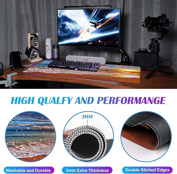 Large Extended Gaming Mouse Pad with Stitched Edges Non-Slip Waterproof Rubber Base Mouse Pad for Office Computer Keyboard Laptop and Home Desk Pad 35.4 x 15.7 x 0.12 Inch (Beach At Sunset)