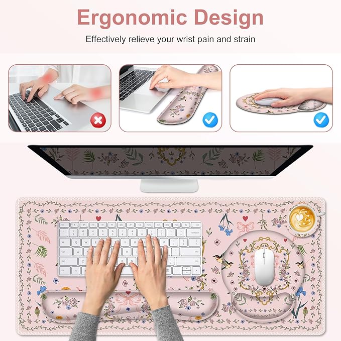 Romantic Pink Floral Mouse Pad XXL Large Desk Mat Extended Reading Desk pad 4PCS Non-Slip Rubber Base Computer Big Mousepads for Work Game Office Home Decor Gifts Accessories I Cute Collection