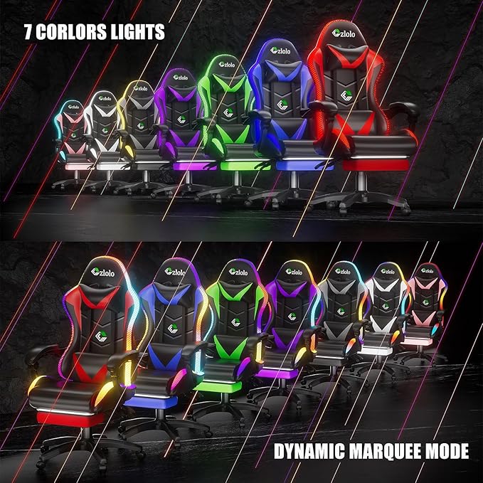 Gaming Chair Racing Style RGB LED Lights Gaming Chairs for Adults and Kids Lumbar Massager Gamer Chair High Back Reclining Computer Chair with Footrest and Headrest (Black/Pink)