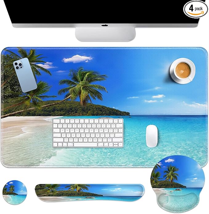 Arttown Tropical Sunshine Beach Desk Mat Summer Ocean Mouse Pad Set 4 in 1 Ergonomic Design Large Desk Pad + Keyboard Wrist Rest + Mouse Wrist Rest + Coaster Suitable for Home Office Study Game