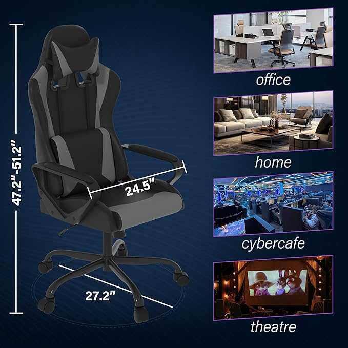 Gaming ChairSwivel Rolling Gaming Chair for AdultsErgonomic PC Gaming Chair GreyHeight Adjustable Computer ChairPU Leather Computer Chair with Headrest and Lumbar Support