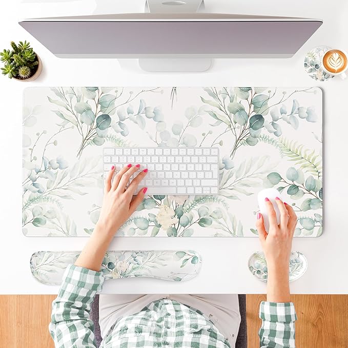 QIYI Leather Desk Mat Set 4-in-1 Large Mouse Pad with Wrist Rest Non-Slip Desk Pad + Keyboard Wrist Rest + Mouse Wrist Support + Coaster Office Desk Accessories Home Decor Supplies Eucalyptus Leaf